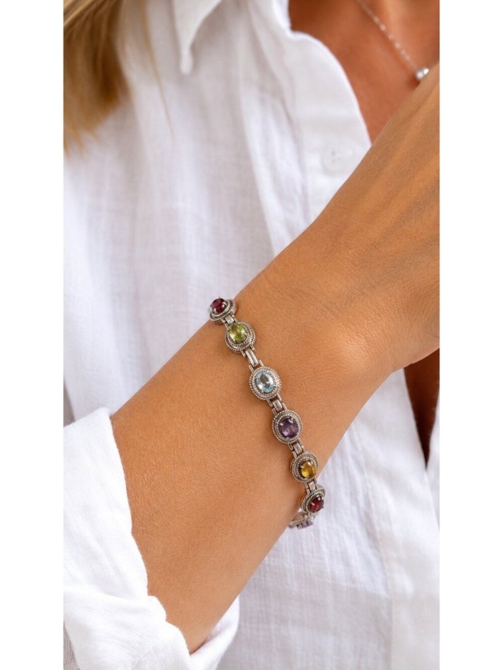 VTG 925 Sterling Silver Multi Gemstone Bracelet Garnet Peridot Amethyst Citrine